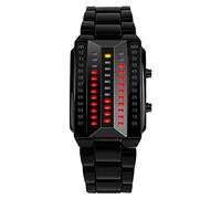 FeiWen Unique Black Stainless Steel Binary Digital Watches for Men and Women Red Yellow LED Lights Rectangle Dial Fashion Style Wristwatches Date (Large)
