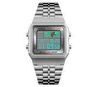 FeiWen Unisex Plastic Case and Stainless Steel Band Digital Sports Watches for Men and Women Fashion LED Display Multifunction Stopwatch Calendar Alarm Countdown Wristwatches, Silver