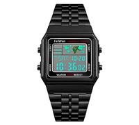 FeiWen Unisex Plastic Case and Stainless Steel Digital Sports Watches for Men and Women Fashion LED Display Multifunction Stopwatch Calendar Alarm Countdown Wristwatches, Black