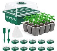 Feizeisun Seed Trays, 12 Pack 144 Cells Propagator Growing Thicken Seedling Starter Growing Trays, Plant Germination Kit with Clear Lids/Adjustable Window for Greenhouse & Gardens, Green