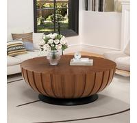 FeiZhiYanS 35.43" Round Drum Coffee Table with Fluted, Handcrafted Solid Wood Veneered Drum Table, Circle Pedestal Center Table for Living Room, Apartment, Farmhouse Decor,C