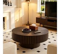 FeiZhiYanS Farmhouse Round Fluted Coffee Table with Storage, Rustic Modern Circle Center Table with Solid Wood Base, Wooden Tea Table for Small Space Living Room,Y