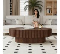 FeiZhiYanS Modern Mid Century Oval Fluted Coffee Table, Fluted Wood Drum Center Table with Solid Wood Veneered and Handcrafted Relief for Living Room Apartment,B