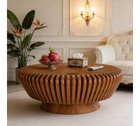 FeiZhiYanS Modern Wood Fluted Round Coffee Table, Handcraft Contemporary Circle Fluted Coffee Table with Sturdy Base for Living Room Small Space Apartment Office,FL