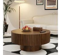 FeiZhiYanS Round Fluted Coffee Table with Solid Wood Veneered, Modern Unique Wood Circle Fluted Coffee Table, Contemporary Drum Center Table for Living Room, Apartment,B