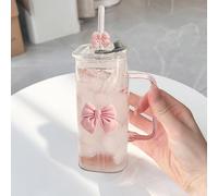 Feizikaw Bow Glass Mug with Lid and Straw, Bow Shaped Transparent Coffee Mugs Glass Cup, Elegant Gift for Best Friend, Decorative Design, Versatile Drinking
