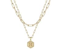 Feizikaw Pendant for Women Dainty Gold Necklace for Women - Solid Gold Over Layering Necklaces Cute Hexagon Letter Initial Necklaces Layered Jewelry