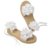 Feizikaw Women's Orthopedic Flower Flat Flip Flops 3D Stereoscopic Floral Design Shoes Flower Weave Detail Toe Post Slides Women's Flat Stylish Sandals (White, 4)