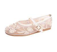 Feizikaw Women's Sandals Breathable Mesh Ballet For Embroidered Summer Sandals Comfortable Flat Shoes With Floral Pattern (White, 4)