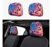 FekiLoot 2 PCS Car Seat Headrest Covers, Breathable Auto Elastic Seat Headrest Protector Blue Pink and Yellow Fire Tiger Vehicle Interior Accessories Protector Universal Fit Most Cars Sedan SUV