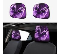 FekiLoot 2 PCS Car Seat Headrest Covers, Breathable Auto Elastic Seat Headrest Protector Cute Purple Butterfly Vehicle Interior Accessories Protector Universal Fit Most Cars Sedan SUV