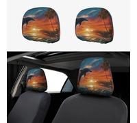 FekiLoot 2 PCS Car Seat Headrest Covers, Breathable Auto Elastic Seat Headrest Protector Dolphins and Palm Trees Vehicle Interior Accessories Protector Universal Fit Most Cars Sedan SUV