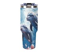 FekiLoot 40 Oz Dolphins in Love Tumbler with Handle Stainless Steel Insulated Water Bottle with Lid And Straw Fits in Cup Holder Leakproof Travel Sports Coffee Mug for Women Men