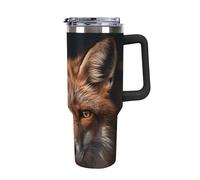 FekiLoot 40 Oz Tumbler Black with Handle, Stainless Steel Vacuum Insulated Tumbler with Straw Lid, Large Capacity Images of Fox Car Cup for Home, Travel, Camping, Shopping, Sports