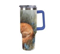 FekiLoot 40 Oz Tumbler Deep Blue with Handle, Stainless Steel Vacuum Insulated Tumbler with Straw Lid, Large Capacity A Sleeping Fox Car Cup for Home, Travel, Camping, Shopping, Sports