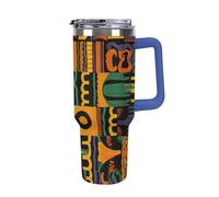 FekiLoot 40 Oz Tumbler Deep Blue with Handle, Stainless Steel Vacuum Insulated Tumbler with Straw Lid, Large Capacity African Ethnic Pattern Car Cup for Home, Travel, Camping, Shopping, Sports