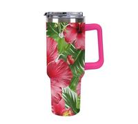 FekiLoot 40 Oz Tumbler Light Rose Red with Handle, Stainless Steel Vacuum Insulated Tumbler with Straw Lid, Large Capacity Hibiscus Flower Car Cup for Home, Travel, Camping, Shopping, Sports