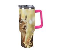 FekiLoot 40 Oz Tumbler Light Rose Red with Handle, Stainless Steel Vacuum Insulated Tumbler with Straw Lid, Large Capacity Funny Squirrel Car Cup for Home, Travel, Camping, Shopping, Sports