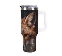 FekiLoot 40 Oz Tumbler White with Handle, Stainless Steel Vacuum Insulated Tumbler with Straw Lid, Large Capacity Images of Fox Car Cup for Home, Travel, Camping, Shopping, Sports