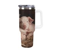 FekiLoot 40 Oz Tumbler White with Handle, Stainless Steel Vacuum Insulated Tumbler with Straw Lid, Large Capacity Four Little Pigs Car Cup for Home, Travel, Camping, Shopping, Sports