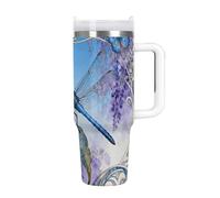 FekiLoot 40oz Tumbler with Handle And Straw Dragonfly Jacaranda Leaf Vacuum Insulated Stainless Steel Travel Mug Leakproof Water Bottle Coffee Cup for Hot & Cold Drinks, Fits Car Cup Holder
