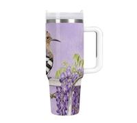 FekiLoot 40oz Tumbler with Handle And Straw Hoopoe on Purple Wisteria Vacuum Insulated Stainless Steel Travel Mug Leakproof Water Bottle Coffee Cup for Hot & Cold Drinks, Fits Car Cup Holder