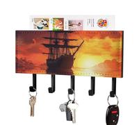 FekiLoot A Sailing Boat on The Water Key Holder Wall Mount PU Leather Adhesive Key Rack with 5 Hooks Decorative Keys Storage Holder Mail Organizer Decor for Entryway Hallway Office Kitchen Black