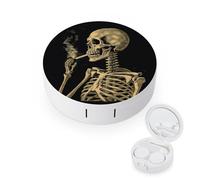 FekiLoot A Skeleton with Burning Cigarette Contact Lens Case Portable Travel Outdoor Contact Lens Cases Circle Leakproof Makeup Storage Box with Mirror for Home Office Dormitory