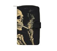 FekiLoot A Skeleton with Burning Cigarette Wallet Large Capacity Travel Double Fold Wallets Portable Zipper Leather Purse for Women Men