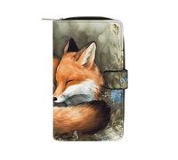 FekiLoot A Sleeping Fox Wallet Large Capacity Travel Double Fold Wallets Portable Zipper Leather Purse for Women Men