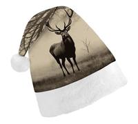 FekiLoot Abstract Tree Elk Picture Christmas Hat Cap with Plush Trim Warm Xmas Hats Headwear for Winter Holiday Party Supply