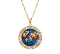 FekiLoot Abstract World Map Necklace Charm Round Coin Pendant Necklace Elegant Circle Chain Pendant Fashion Disc Jewelry Necklace Circle Diamond Necklace for Women Men