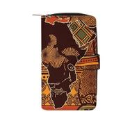 FekiLoot African Map Ethnic Pattern Leather Long Wallet 12 Card Slot Travel Long Purse Clutch Wallet with Zip Credit Card Holder