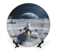 FekiLoot Aircraft on The Lunar Surface Decorative Plates Bone China Plates with Stand for Display 6inch Round Ceramic Dinner Plates Dessert Plate for Kitchen Party Coffee Table Decor Art