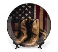 FekiLoot American Flag with Cowboy BootsDecorative Plate Round Ceramic Plates with Display Stand Salad & Dessert Serving Plates Home Table Art Decoration for Kitchen Dining Room Wine Cabinet 6inch