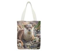FekiLoot Animal Cute Brown Otters Canvas Tote Bags with Interior Pocket Big Capacity Shoulder Bag Zipper Casual Tote's Handbag Reusable Grocery Shopping Bags for Gift Activity Double-sided