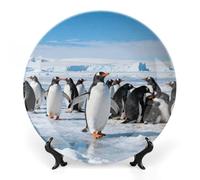 FekiLoot Antarctic Penguin Group Decorative Plates Bone China Plates with Stand for Display 7inch Round Ceramic Dinner Plates Dessert Plate for Kitchen Party Coffee Table Decor Art