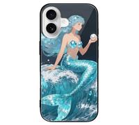 FekiLoot Aquamarine Mermaid Wave for iPhone 16 Case Tempered Glass TPU Back Panel Shockproof with Anti-Fingerprint Phone Cover Black