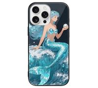FekiLoot Aquamarine Mermaid Wave for iPhone 16 Case Tempered Glass TPU Back Panel Shockproof with Anti-Fingerprint Phone Cover Black