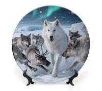 FekiLoot Arctic Wolf Pack Hunting Decorative Plates Bone China Plates with Stand for Display 6inch Round Ceramic Dinner Plates Dessert Plate for Kitchen Party Coffee Table Decor Art