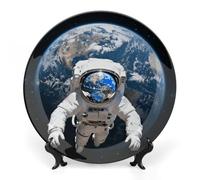 FekiLoot Astronaut & Earth Decorative Plates Bone China Plates with Stand for Display 10inch Round Ceramic Dinner Plates Dessert Plate for Kitchen Party Coffee Table Decor Art