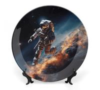 FekiLoot Astronaut Flying in SpaceDecorative Plate Round Ceramic Plates with Display Stand Salad & Dessert Serving Plates Home Table Art Decoration for Kitchen Dining Room Wine Cabinet 10inch