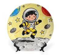 FekiLoot Astronaut Moon Adventure Decorative Plates Bone China Plates with Stand for Display 10inch Round Ceramic Dinner Plates Dessert Plate for Kitchen Party Coffee Table Decor Art