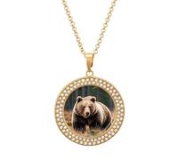 FekiLoot Autumn Brown Bear Pendant Necklace for Women Men Elegant Diamond Circle Necklaces with 19.7 Inch Chain, Zinc Diamond Jewelry for Birthday Christmas Valentine's Day Gift, One size, Zinc