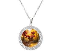 FekiLoot Autumn Deer Antlers Pendant Necklace for Women Men Elegant Diamond Circle Necklaces with 19.7 Inch Chain, Zinc Diamond Jewelry for Birthday Christmas Valentine's Day Gift, One Size, Zinc