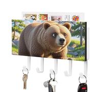 FekiLoot Bear Crossing The River Key Holder Wall Mount PU Leather Adhesive Key Rack with 5 Hooks Decorative Keys Storage Holder Mail Organizer Decor for Entryway Hallway Office Kitchen White