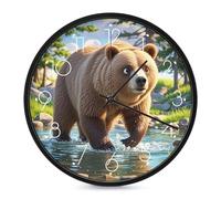FekiLoot Bear Crossing The River Wall Clock 10 Inch Silent Non Ticking Battery Operated Round Wall Clock Modern Decorative Clocks for Kitchen Home Office Living Room Bedroom Bathroom White