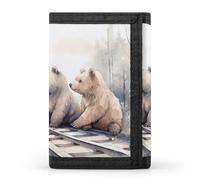 FekiLoot Bear on Train Tracks Wallet Compact Blocking Trifold Wallets with Zipper Minimalist Purse Wallet Credit Card Holder