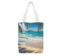 FekiLoot Beautiful Beach Seascape Canvas Tote Bag Lightweight Medium Reusable Grocery Shopping Cloth Bag Multi-Purpose Tote Bags with Zipper Inner Pocket Large Capacity Shopping Bags