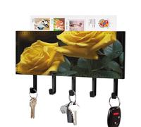FekiLoot Beautiful Yellow Roses Key Holder Wall Mount PU Leather Adhesive Key Rack with 5 Hooks Decorative Keys Storage Holder Mail Organizer Decor for Entryway Hallway Office Kitchen Black